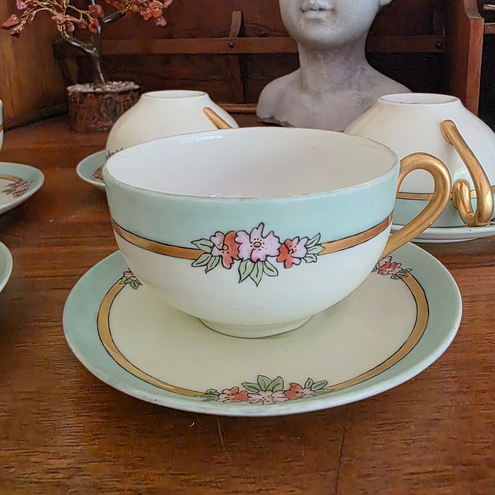 Antique 1923 Velma's Tea Set of 5 Hand Painted Floral China Cups Saucers Gold
